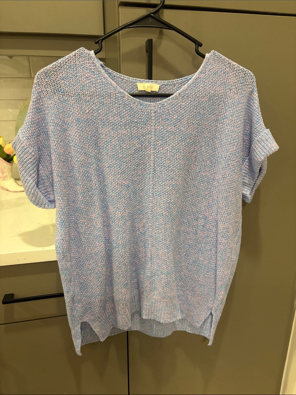 LA MIEL Light Blue Marled Knit Short Sleeve Sweater